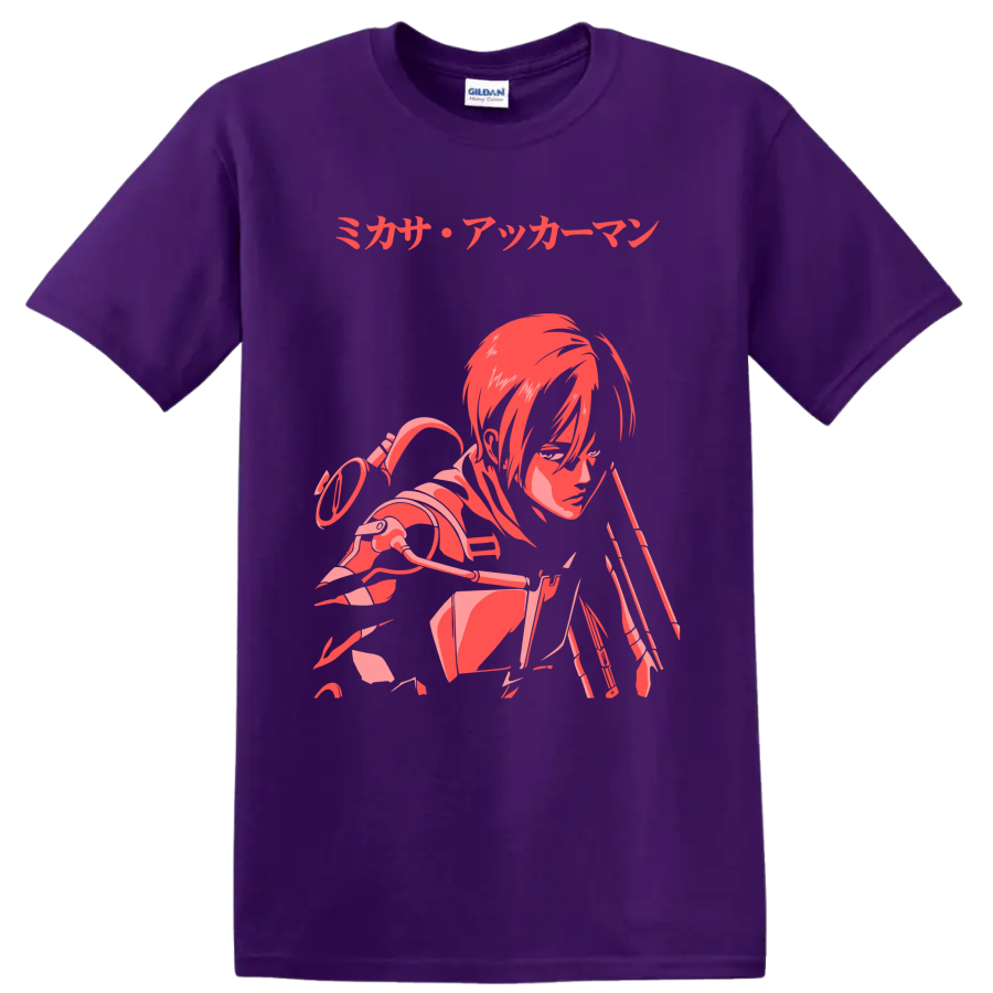 Mikasa Ackerman Attack on Titan red and pink anime action graphic with Japanese text on a Purple T Shirt