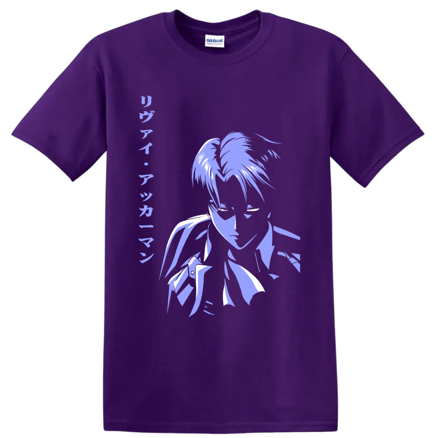 Levi Ackerman lavender and white manga-style portrait graphic from Attack on Titan on a Purple T Shirt