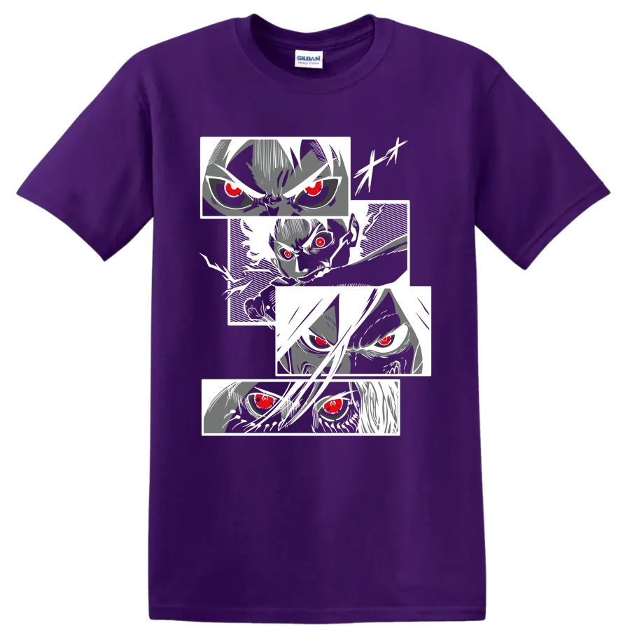 Eren Yeager Attack on Titan manga portrait collage with intense red-eyed faces on a Purple T Shirt
