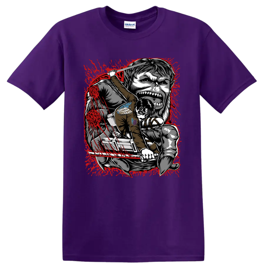 Levi Ackerman battling the Beast Titan in red splatter Attack on Titan manga art on a Purple T Shirt