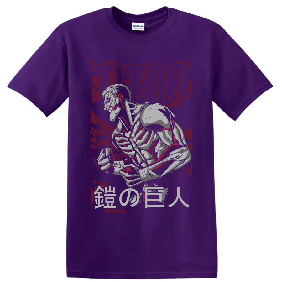 Armored Titan crouching in distressed manga art with TITAN and Japanese characters on a Purple T Shirt