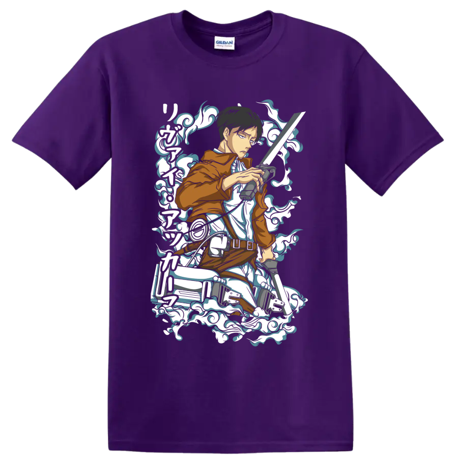 Levi Ackerman Scout Regiment action graphic with blades and swirling smoke accents on a Purple T Shirt