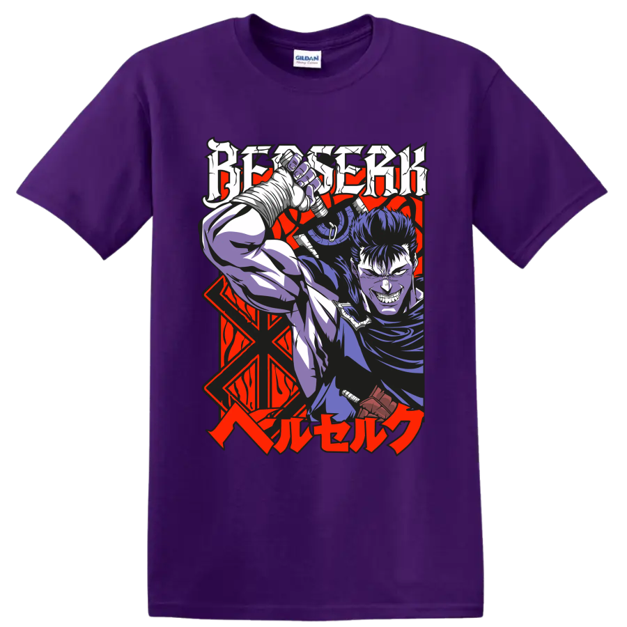 Guts from Berserk wielding a massive sword in bold gothic anime art on a Purple T Shirt