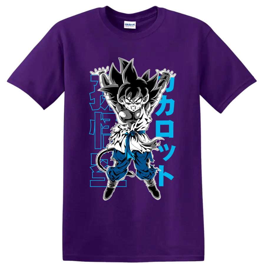 Kid Goku in a Genki Dama-inspired manga action pose with blue Japanese-style characters on a Purple T Shirt