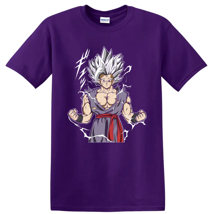 Gohan Beast anime graphic with white hair, torn purple gi, red sash, and energy accents on a Purple T Shirt