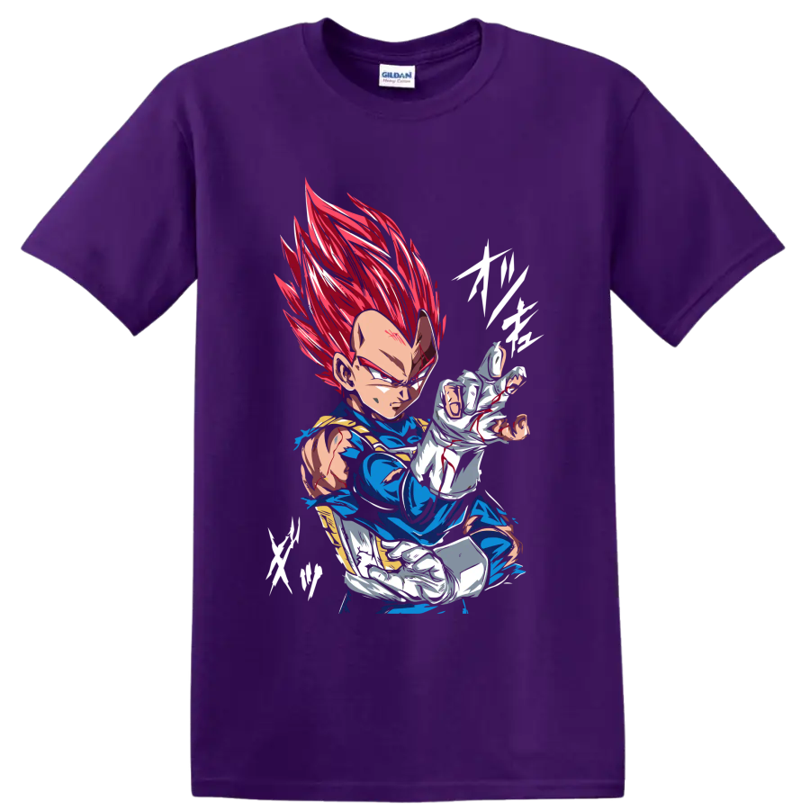 Vegeta Super Saiyan God in a fierce red-haired anime battle pose on a Purple T Shirt