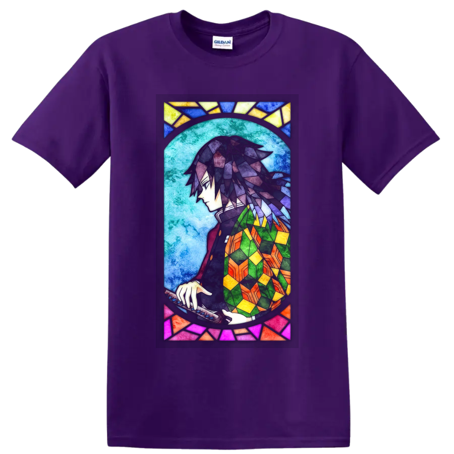Giyu Tomioka stained-glass-style anime portrait with sword and colorful haori on a Purple T Shirt