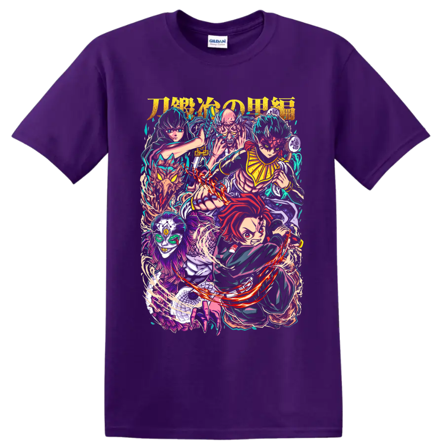 Tanjiro Kamado, Muichiro Tokito, and Hantengu in a vivid manga character collage on a Purple T Shirt