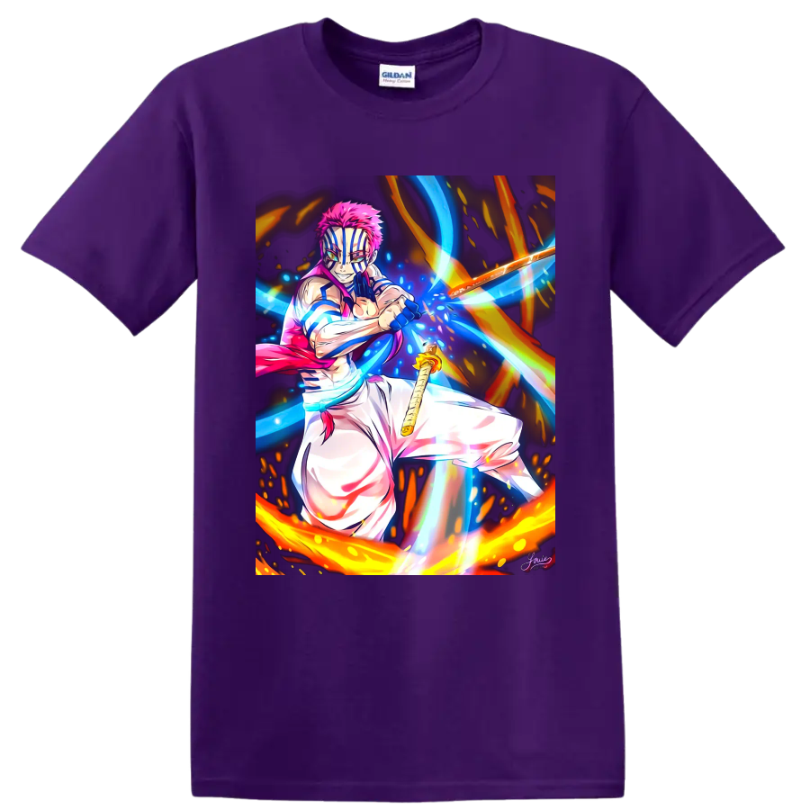 Akaza anime battle art with blue energy streaks, fiery arcs, and a sword on a Purple T Shirt