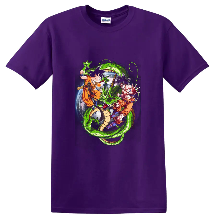 Goku and Shenron Dragon Ball manga-style action graphic with a cosmic Earth backdrop on a Purple T Shirt
