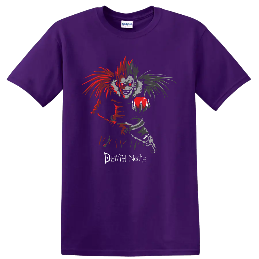 Ryuk holding an apple in distressed red and gray Death Note gothic anime art on a Purple T Shirt