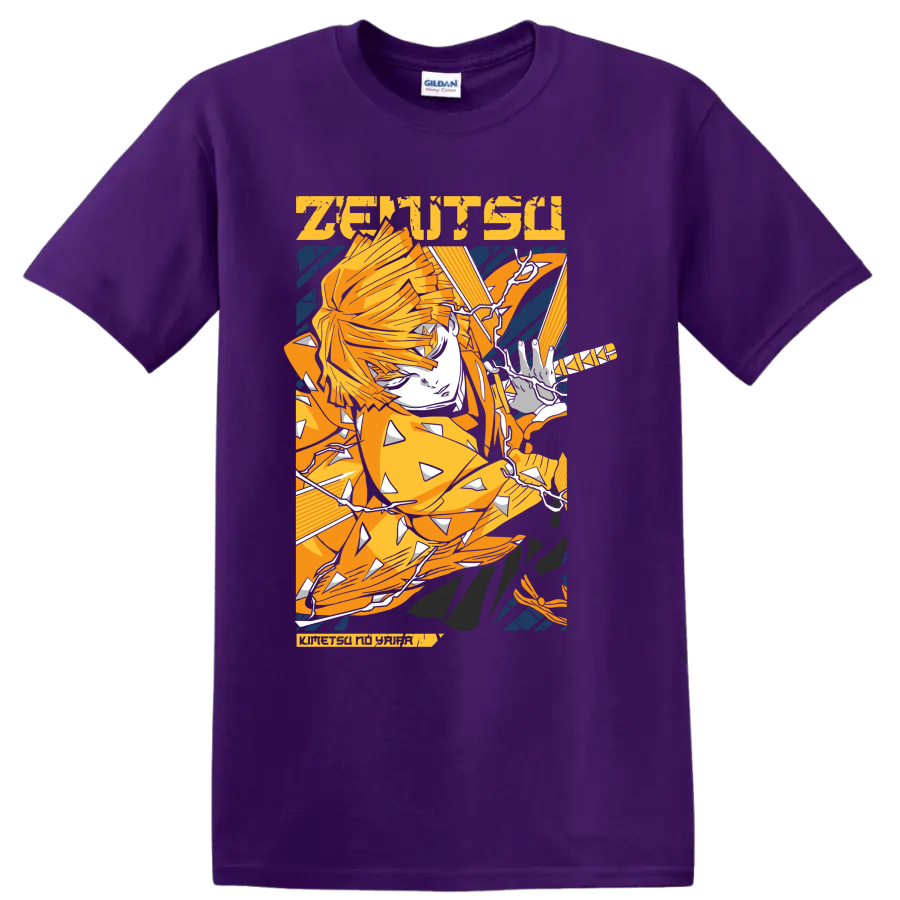 Zenitsu Agatsuma lightning-inspired anime action graphic on a Purple T Shirt