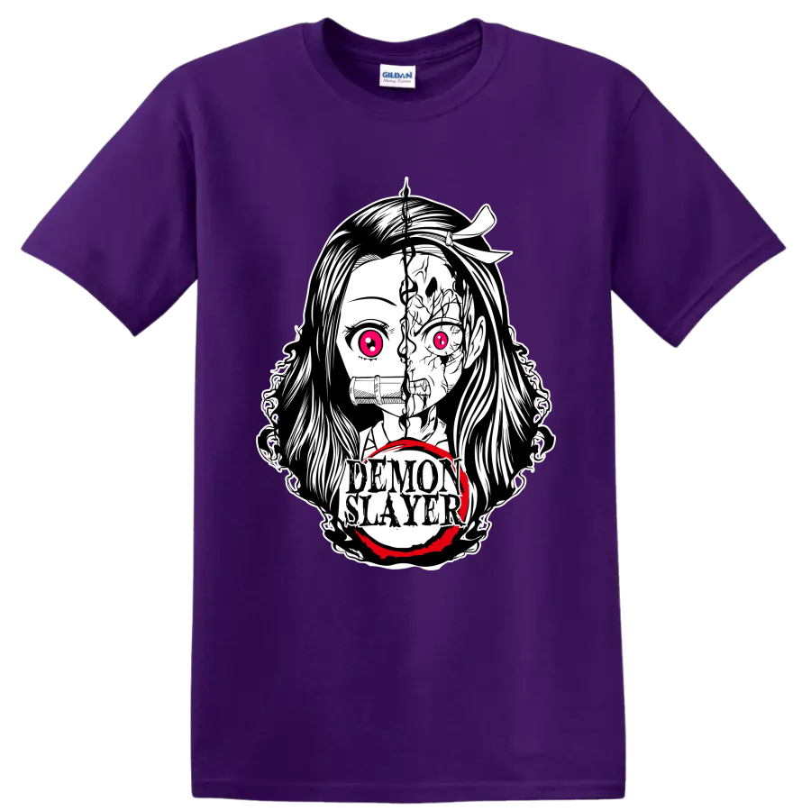 Nezuko Kamado split demon-form manga portrait with bamboo muzzle and Demon Slayer text on a Purple T Shirt