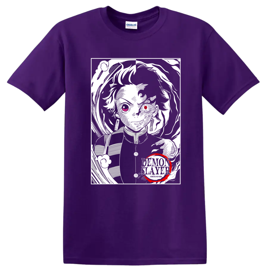 Rui from Demon Slayer in a high-contrast monochrome portrait with red accents on a Purple T Shirt