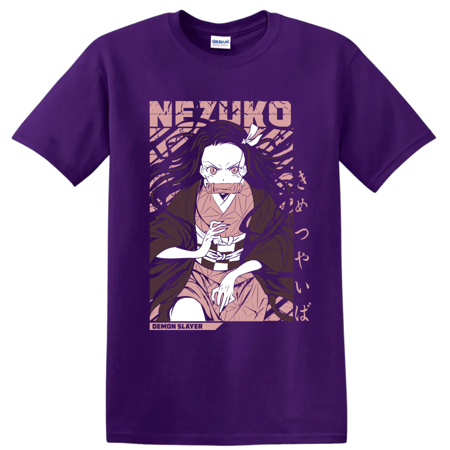 Nezuko Kamado manga-style portrait with flowing hair and bamboo muzzle on a Purple T Shirt