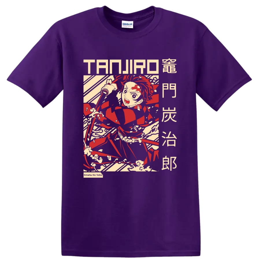 Tanjiro Kamado katana action graphic with manga lettering and sweeping motion lines on a Purple T Shirt