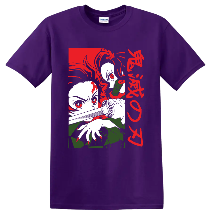 Tanjiro and Nezuko Kamado manga-style graphic with Nezuko's bamboo muzzle on a Purple T Shirt