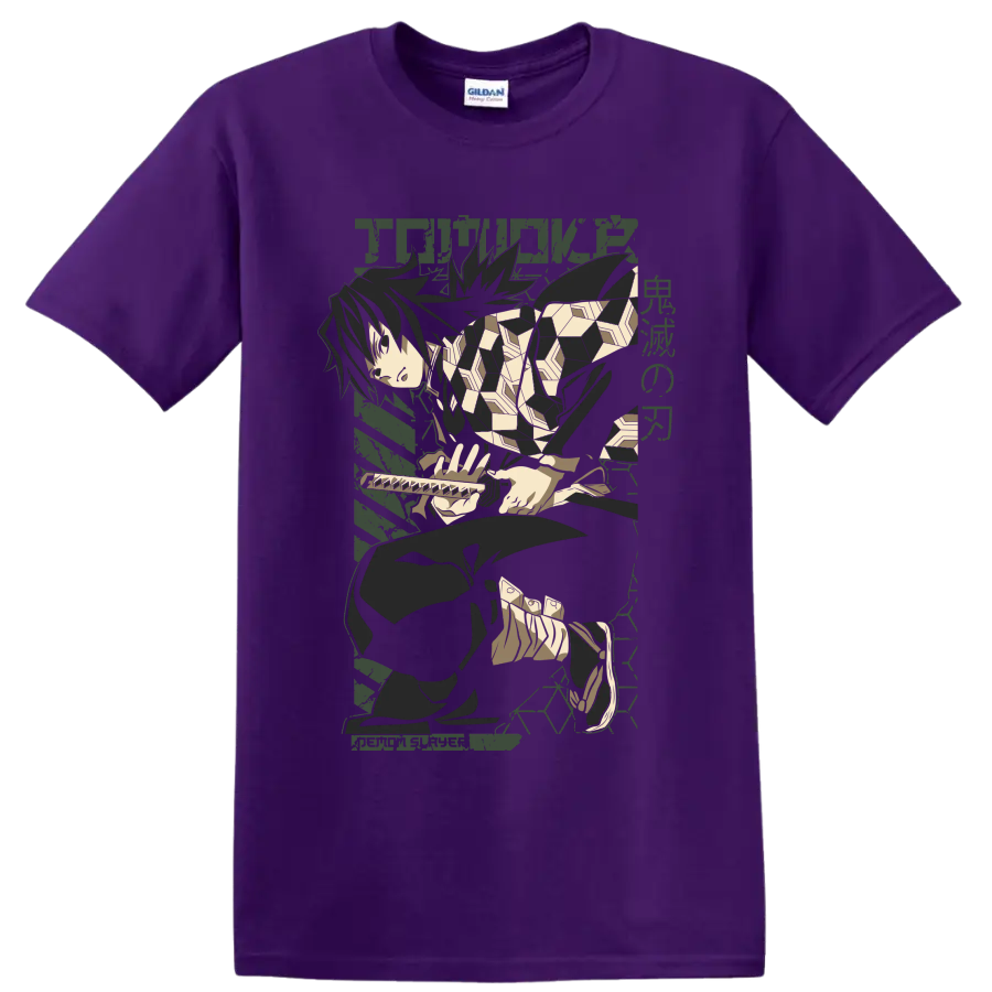 Giyu Tomioka seated with sword in a muted geometric anime graphic on a Purple T Shirt