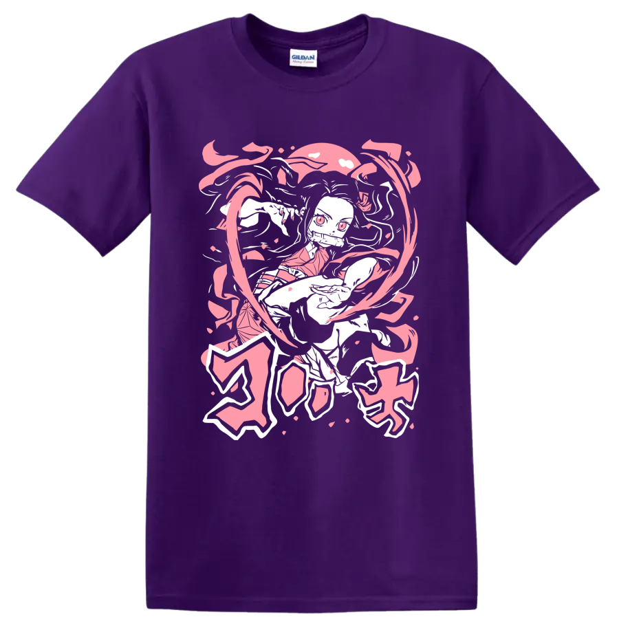 Nezuko Kamado manga-style portrait with pink petals and flowing ribbon shapes on a Purple T Shirt