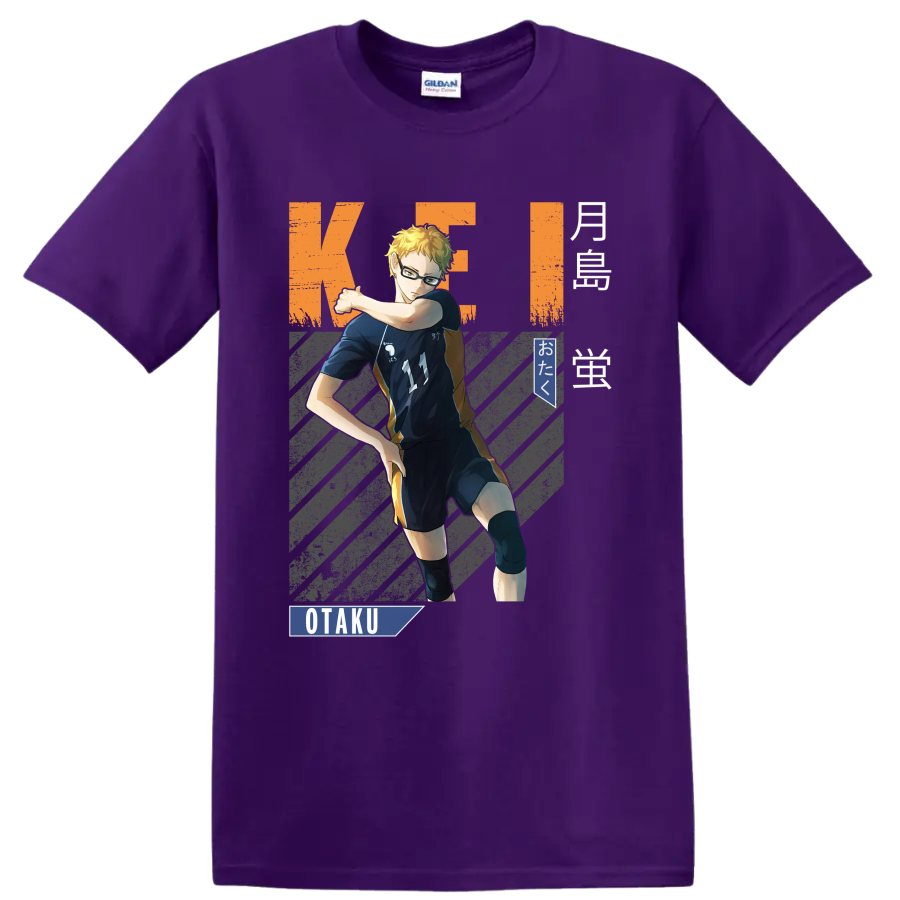 Kei Tsukishima volleyball anime graphic with Karasuno number 11 and OTaku text on a Purple T Shirt