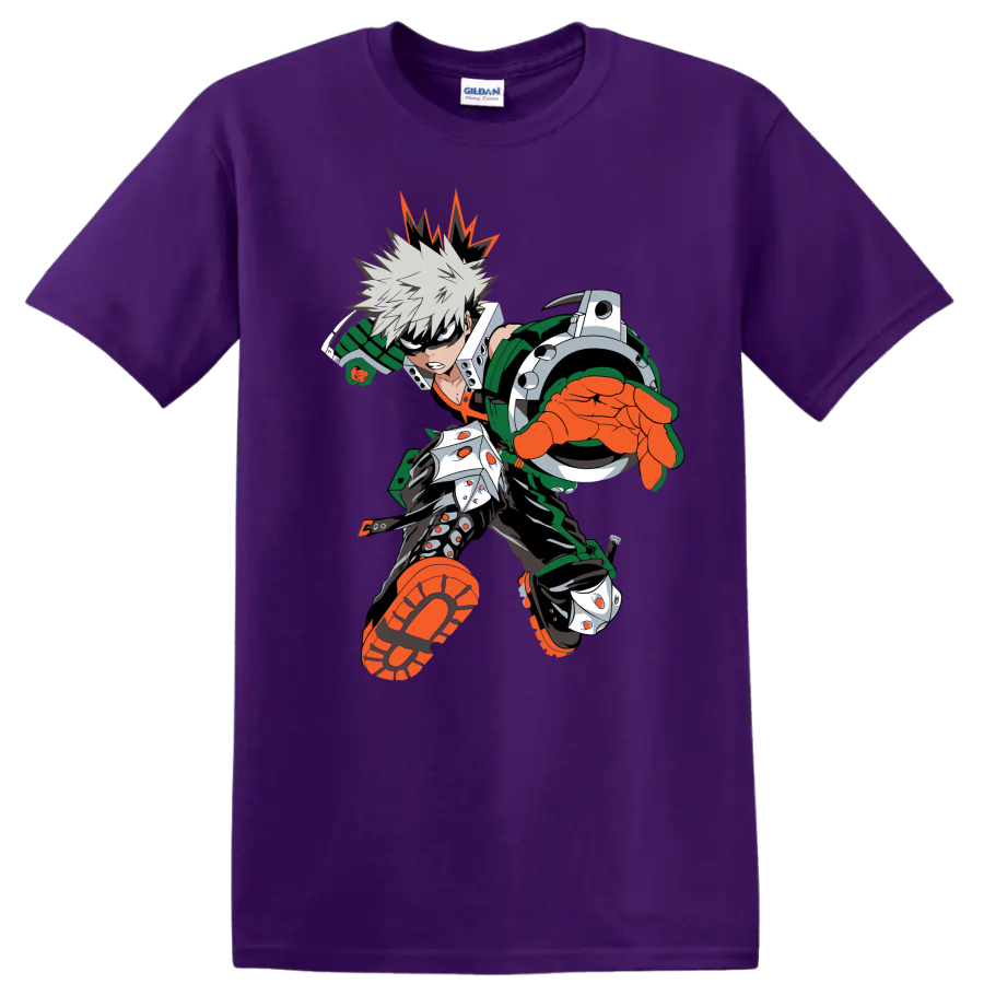 Katsuki Bakugo as Dynamight in a bold forward-charging anime action graphic on a Purple T Shirt