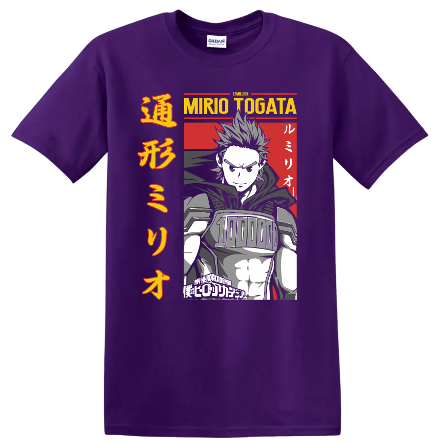 Mirio Togata Lemillion manga-style hero portrait with bold Japanese-inspired typography on a Purple T Shirt