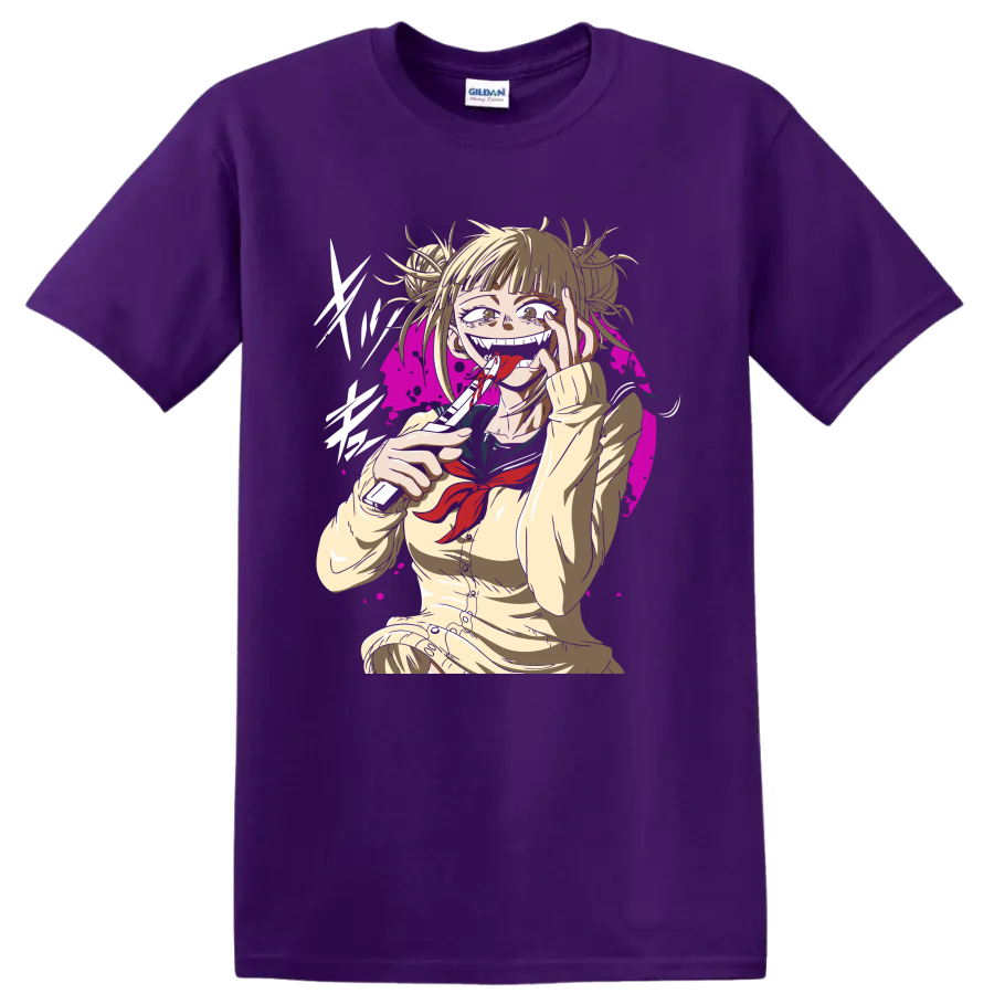 Himiko Toga anime illustration with blood accents and magenta splatter backdrop on a Purple T Shirt