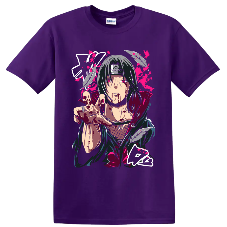 Itachi Uchiha dark manga portrait with feathers, crimson splatter, and pink accents on a Purple T Shirt