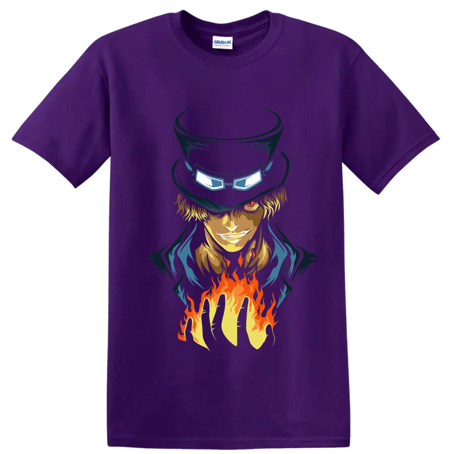 Sabo One Piece anime portrait with tall hat, goggles, blue coat, and rising flames on a Purple T Shirt