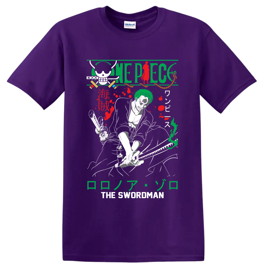 Roronoa Zoro One Piece manga swordsman graphic with skull, swords, and Japanese lettering on a Purple T Shirt