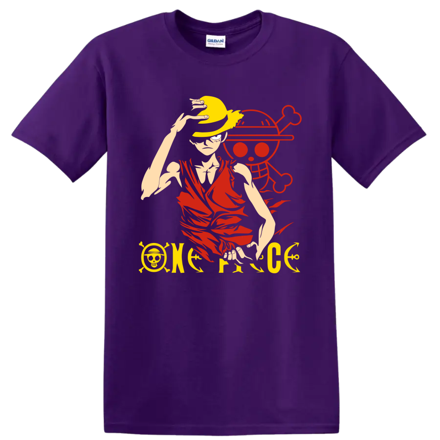 Monkey D. Luffy in a straw hat before a pirate skull anime graphic on a Purple T Shirt