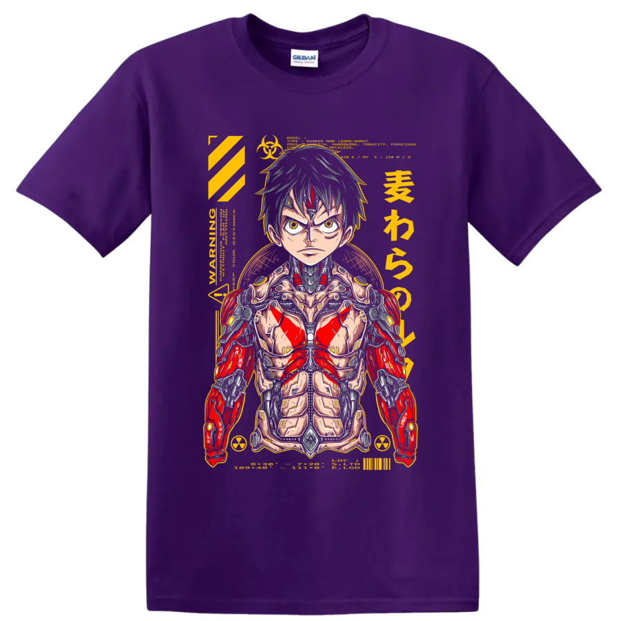Monkey D. Luffy cyborg mecha manga portrait with red armor and yellow technical accents on a Purple T Shirt