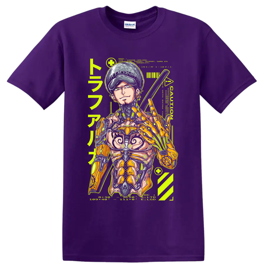 Trafalgar Law cyborg mecha manga graphic with sword and mechanical armor on a Purple T Shirt