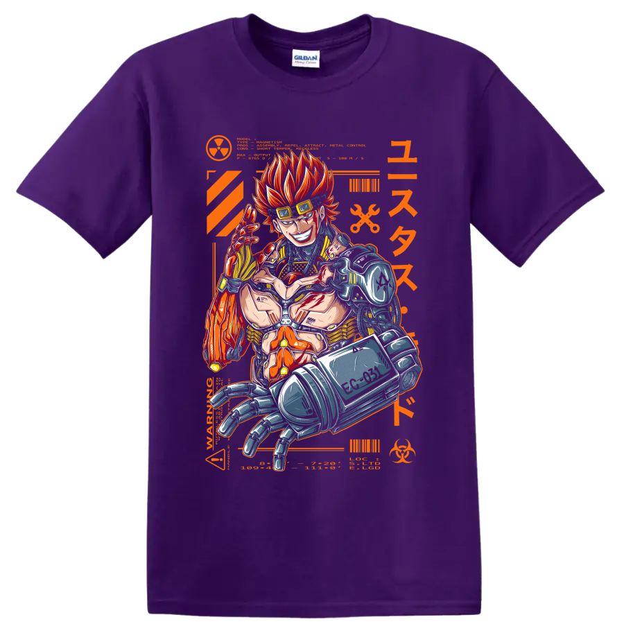Eustass Kid with mechanical arm in fiery orange cyberpunk manga graphic on a Purple T Shirt