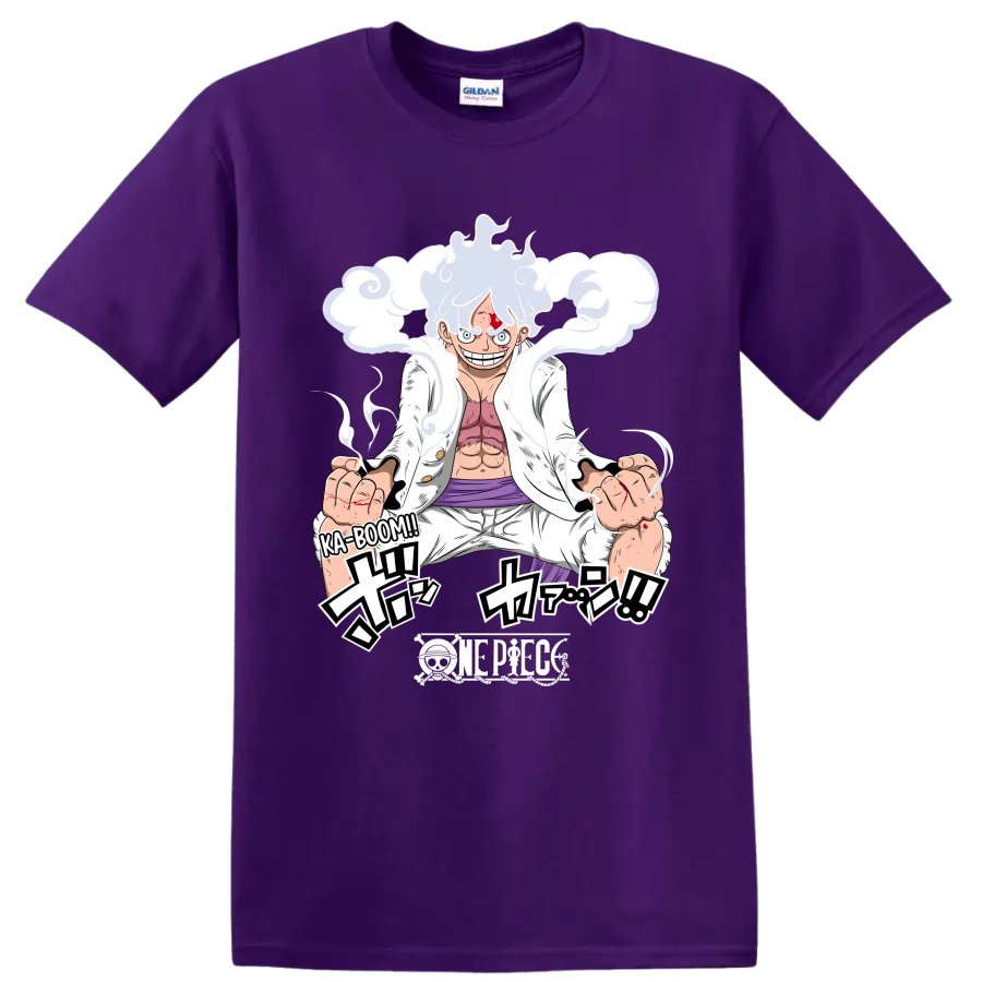 Monkey D. Luffy Gear 5 manga action art with swirling cloud effects on a Purple T Shirt