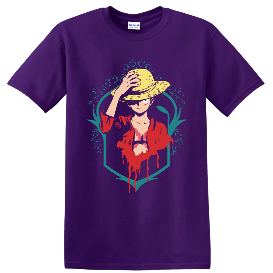 Monkey D. Luffy straw hat portrait in red jacket with teal ornamental graphic frame on a Purple T Shirt