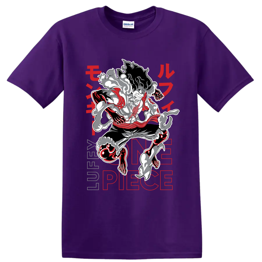Monkey D. Luffy Gear 4 Snakeman manga-style action graphic with smoke effects on a Purple T Shirt