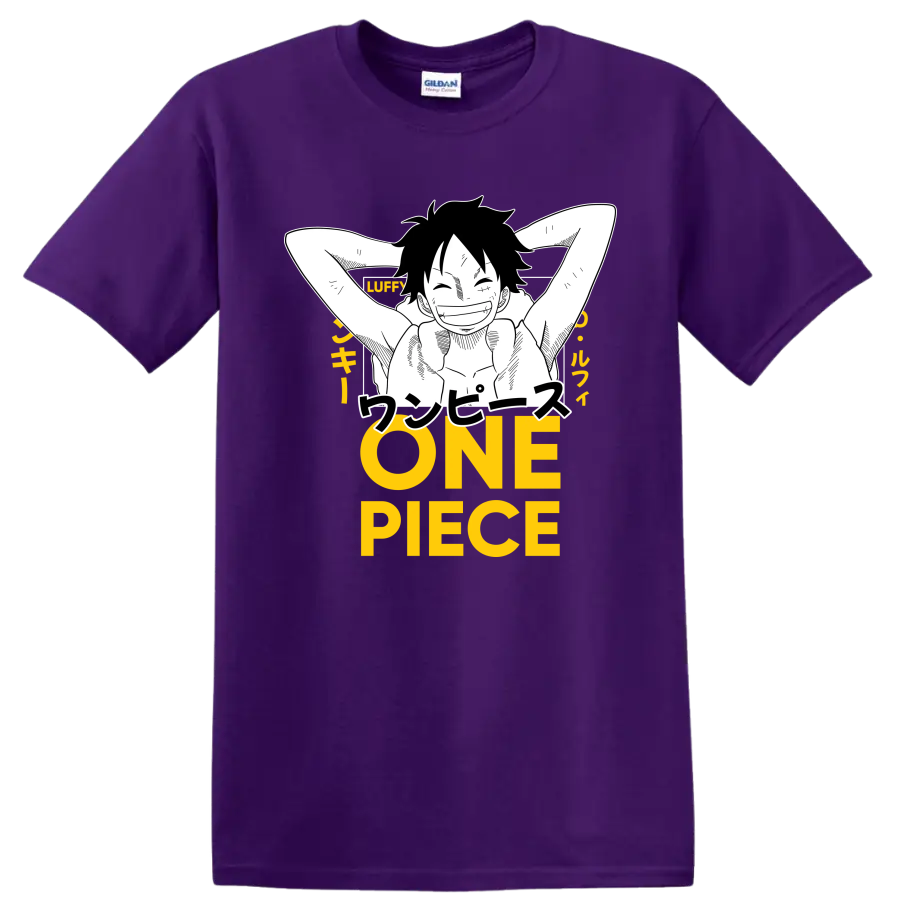 Monkey D. Luffy relaxed manga line art with Japanese text and yellow ONE PIECE lettering on a Purple T Shirt