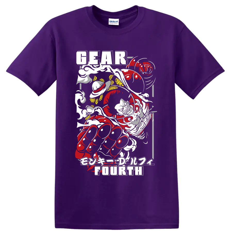 Monkey D. Luffy Gear Fourth distressed red and gray manga action graphic on a Purple T Shirt