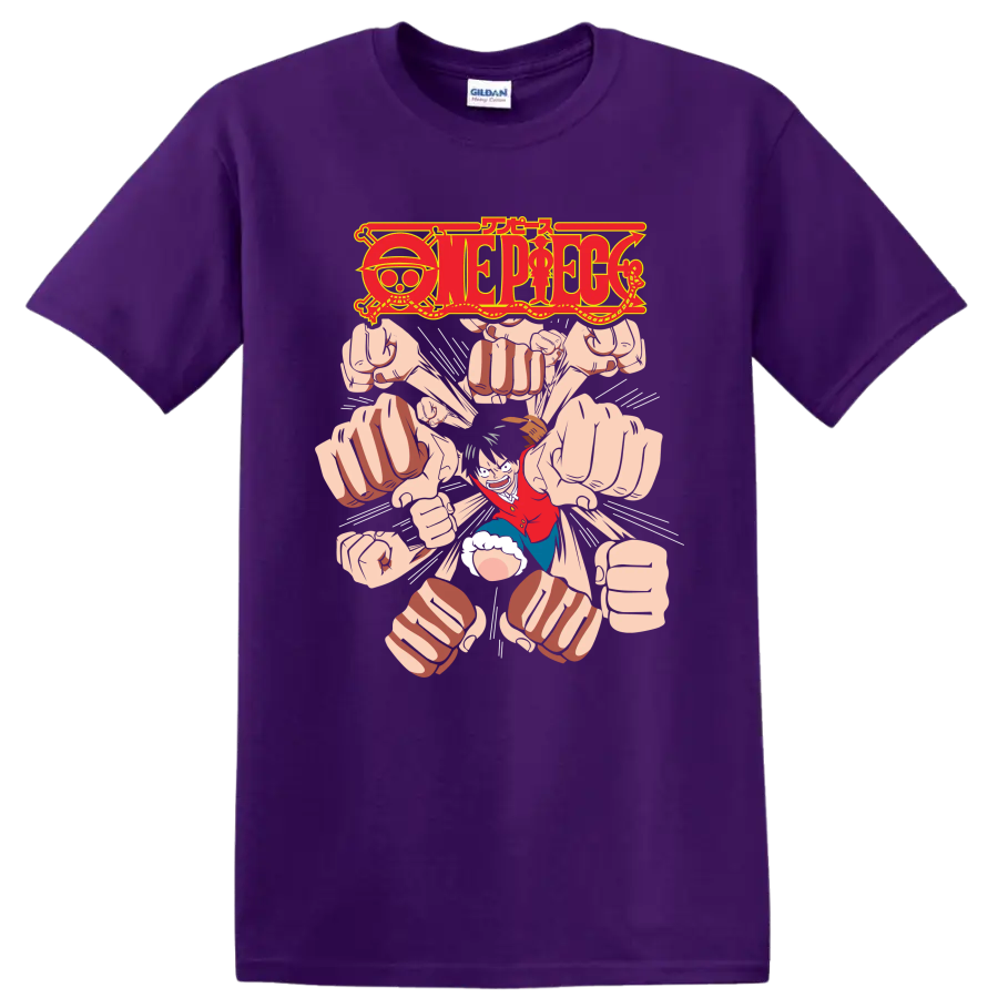 Monkey D. Luffy Gomu Gomu no Gatling manga graphic with One Piece logo and flying fists on a Purple T Shirt