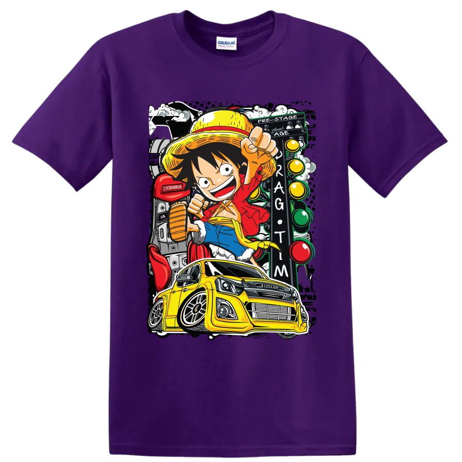 Monkey D. Luffy anime art with yellow Isuzu pickup and Thailook racing scene on a Purple T Shirt