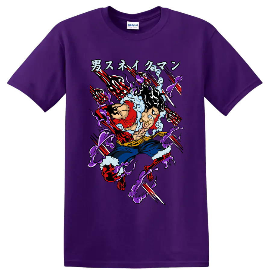 Monkey D. Luffy Gear 4 Snakeman anime-style action graphic with extended arms on a Purple T Shirt