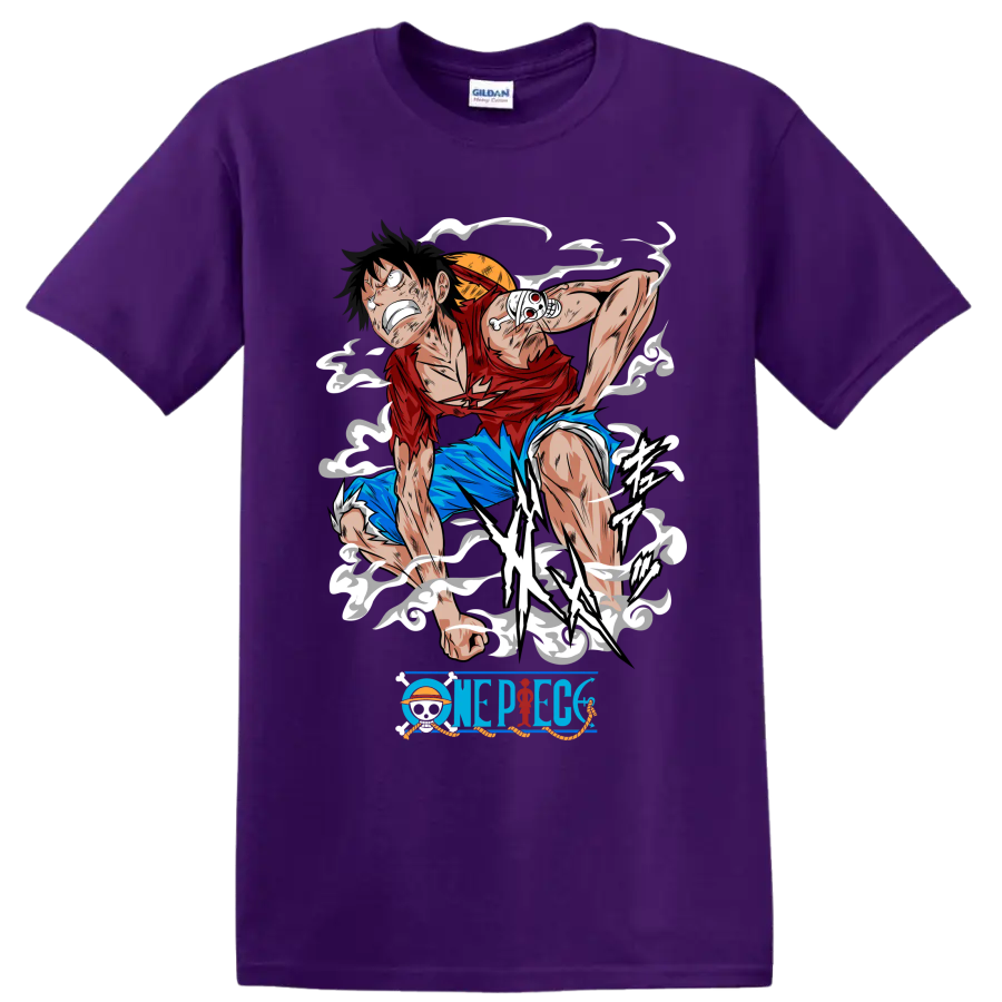 Monkey D. Luffy Gear 2 action graphic with steam effects and One Piece logo on a Purple T Shirt