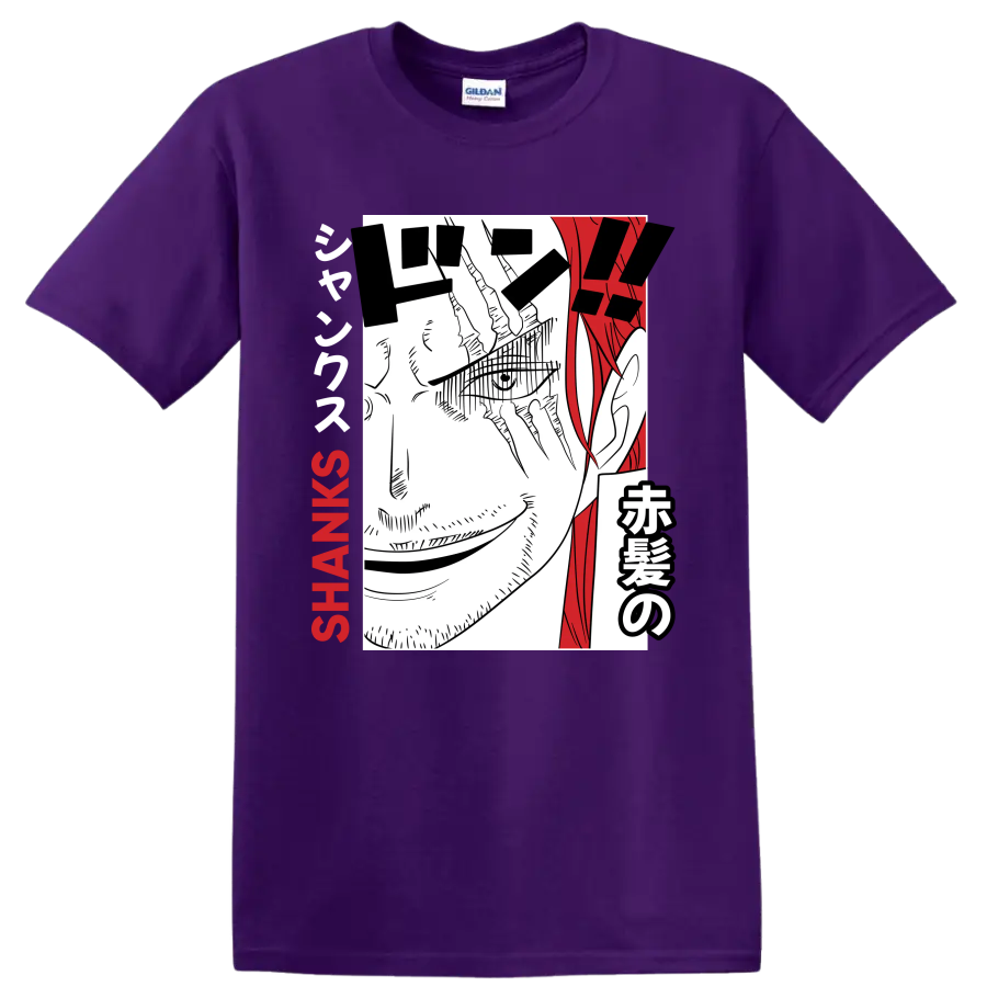 Shanks One Piece manga portrait with red hair, Japanese lettering, and SHANKS text on a Purple T Shirt