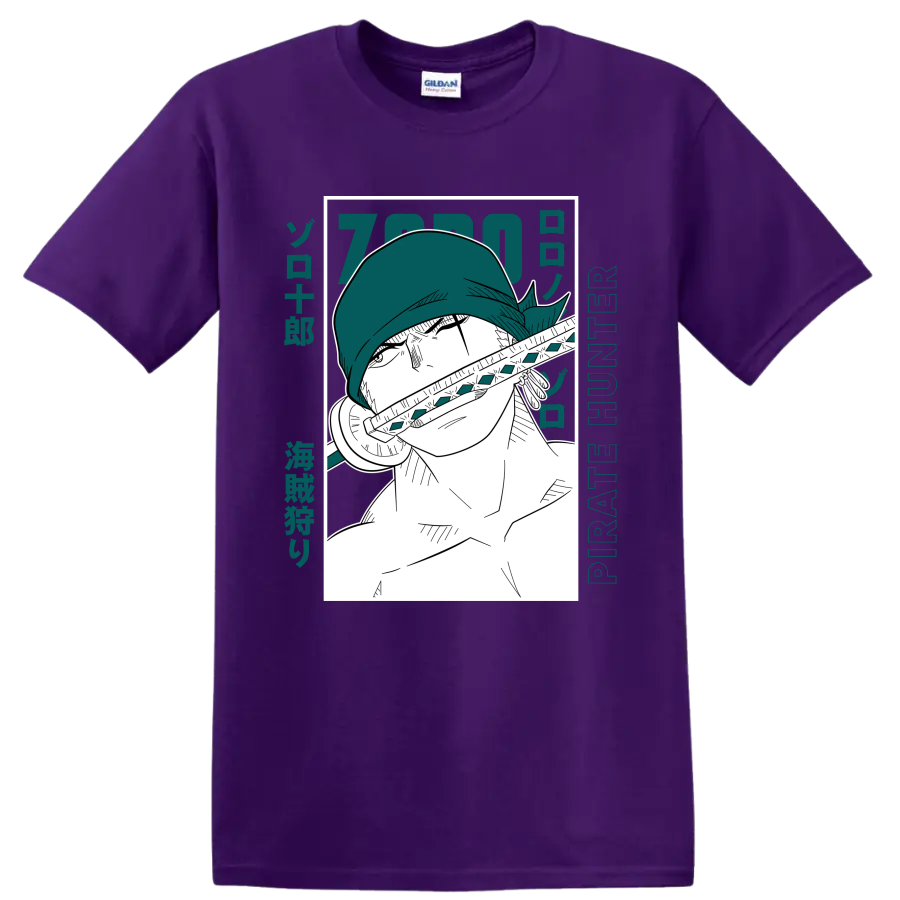 Roronoa Zoro Pirate Hunter manga portrait with sword and teal Japanese-style lettering on a Purple T Shirt