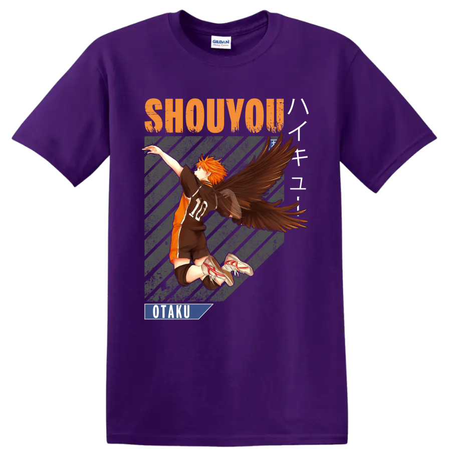 Shoyo Hinata winged volleyball anime graphic with Shouyou and Otaku text on a Purple T Shirt