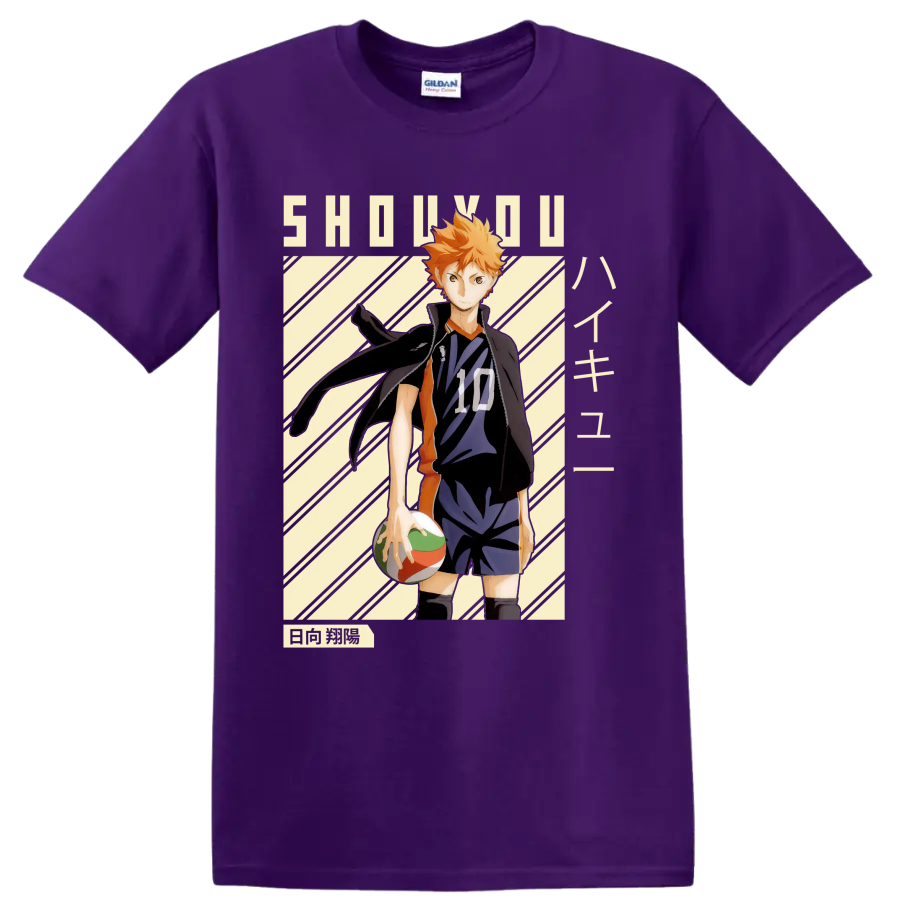 Shoyo Hinata in Karasuno number 10 uniform with volleyball manga-style graphic on a Purple T Shirt