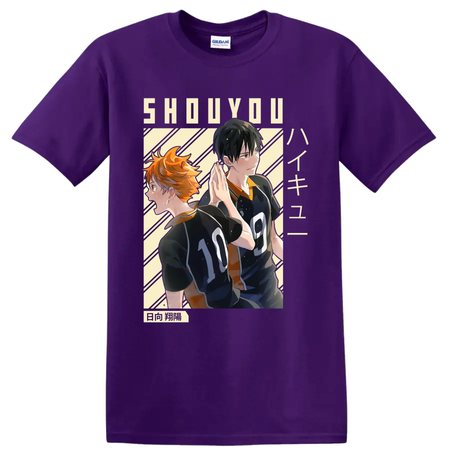 Anime-style Shoyo Hinata and Tobio Kageyama in Karasuno volleyball uniforms on a Purple T Shirt