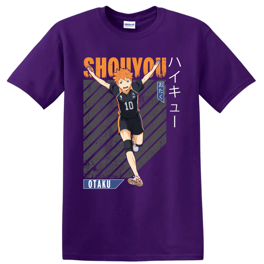 Shoyo Hinata in Karasuno No. 10 uniform with SHOUYOU lettering and otaku graphics on a Purple T Shirt