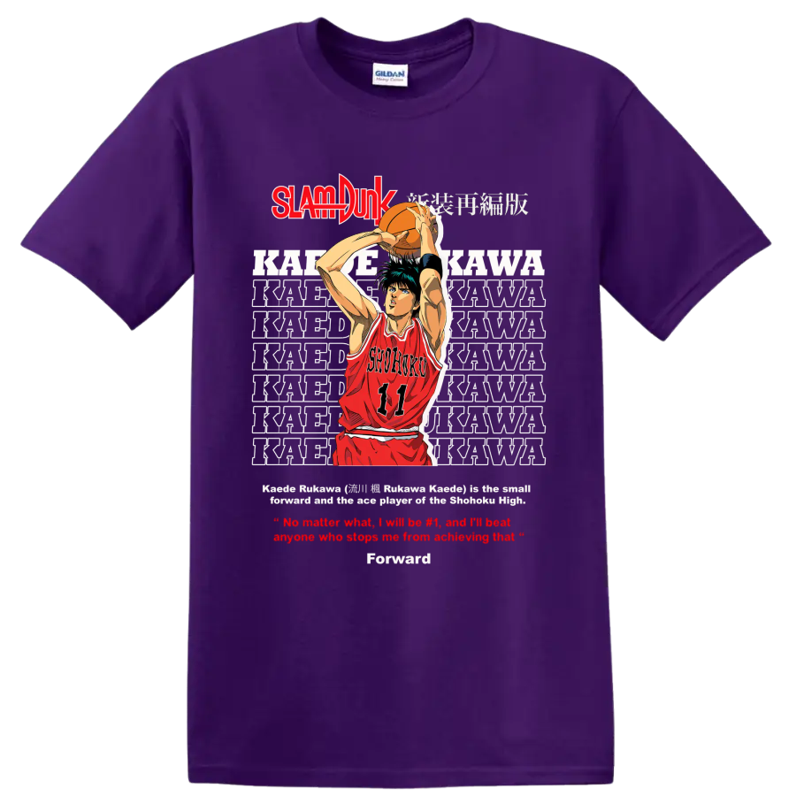 Kaede Rukawa Slam Dunk manga basketball shooter graphic with Shohoku number 11 jersey on a Purple T Shirt